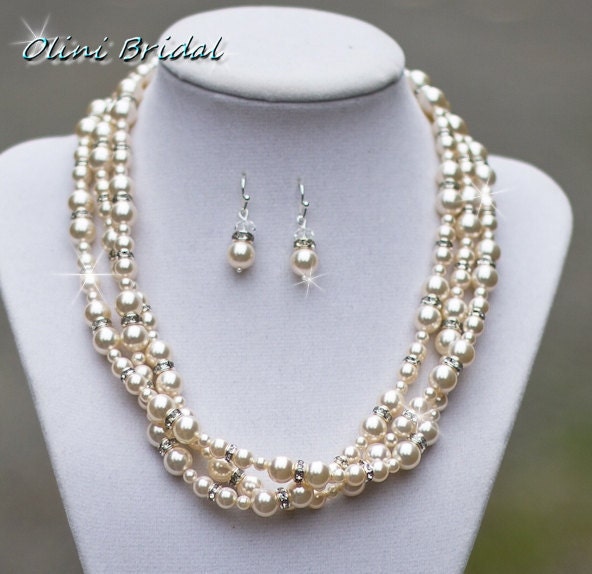 Wedding Jewelry, Bridal ISABELLA Swarovski Pearls and Rhinestones Necklace 3 strands - pick your pearl color