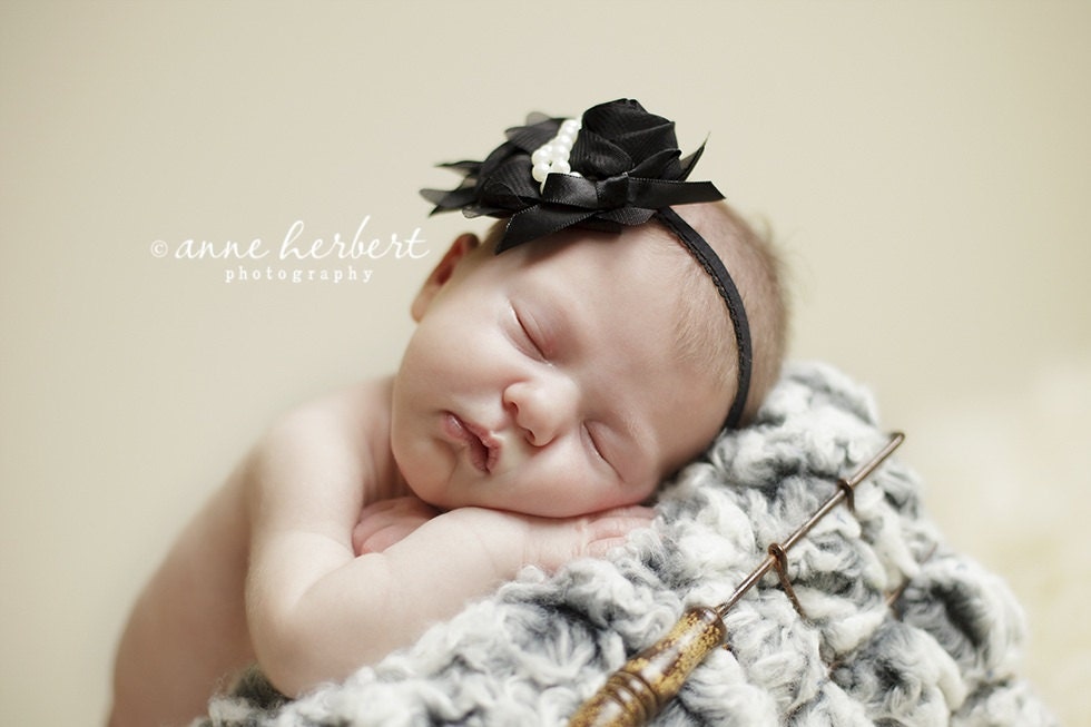 Black Chiffon Rosette Flower Headband with Pearls Accent on Skinny Black Headband. Available from Newborn size - Adult.