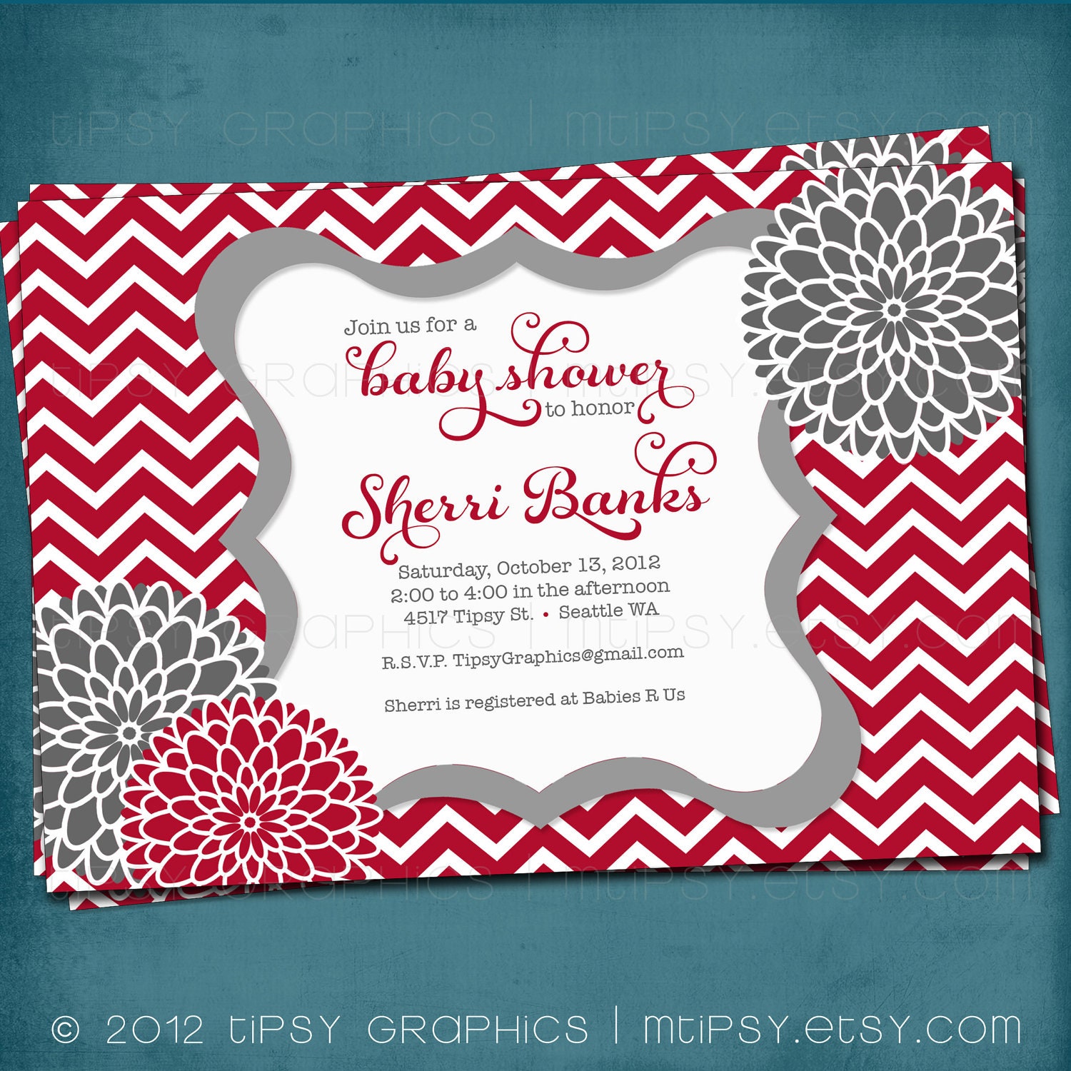 Spa Pom Pom. Chevron Mums Baby / Bridal Shower Invite by Tipsy Graphics. Any colors and text. Il_570xn