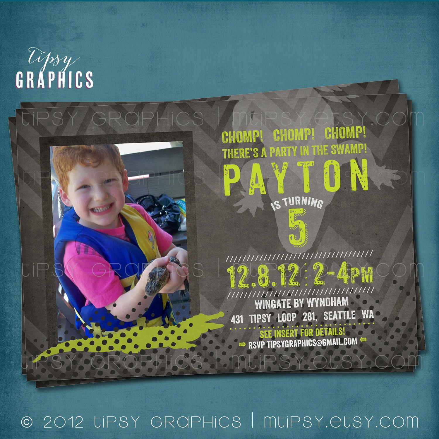 Chomp. There's a Party In the Swap. Alligator. Reptile Chevron Birthday Party Invite for Big Kids by Tipsy Graphics Il_570xn
