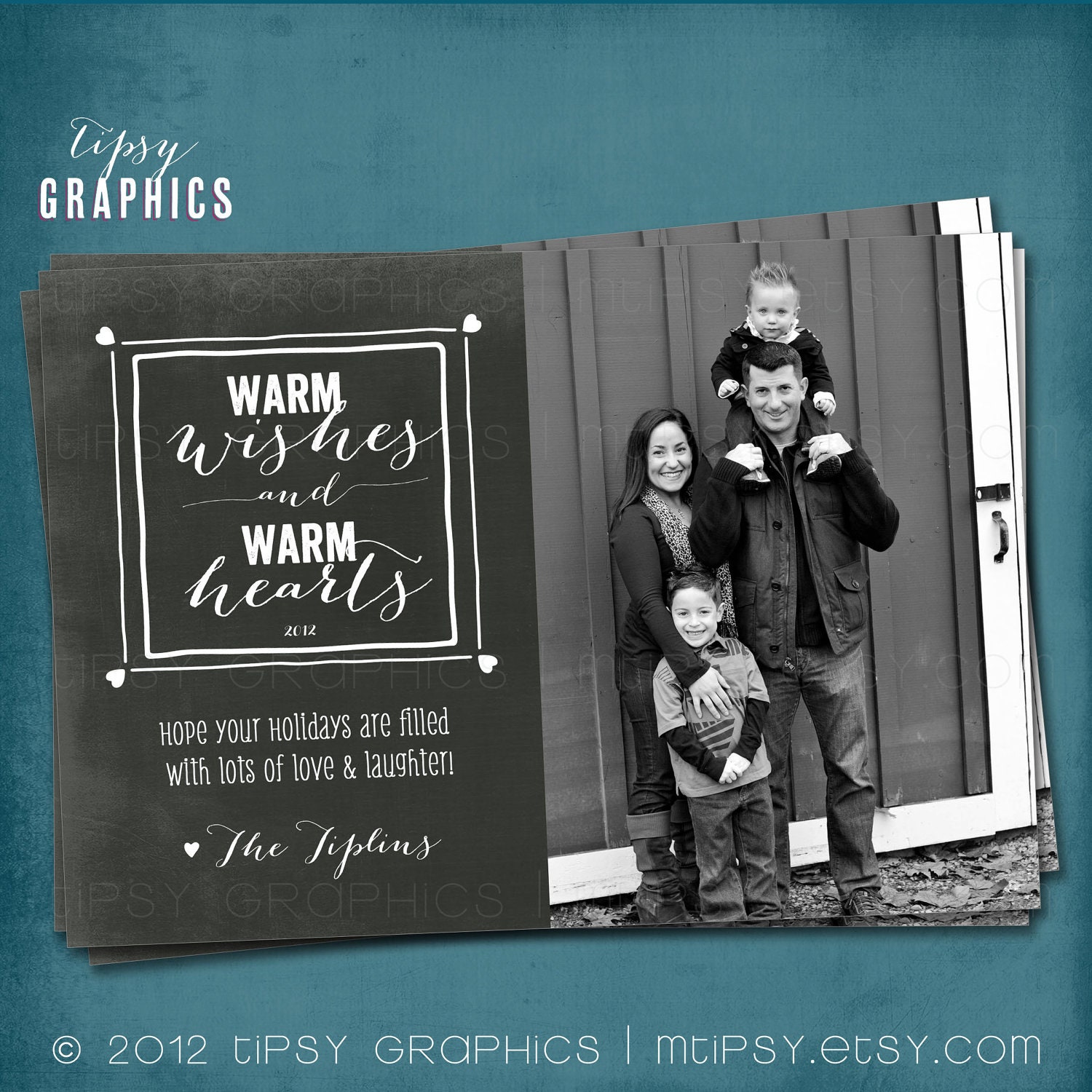 Warm Wishes & Warm Hearts. Chalkboard. Multi Photo Holiday Card. Any text, for 1 or more photos. By Tipsy Graphics Il_570xn