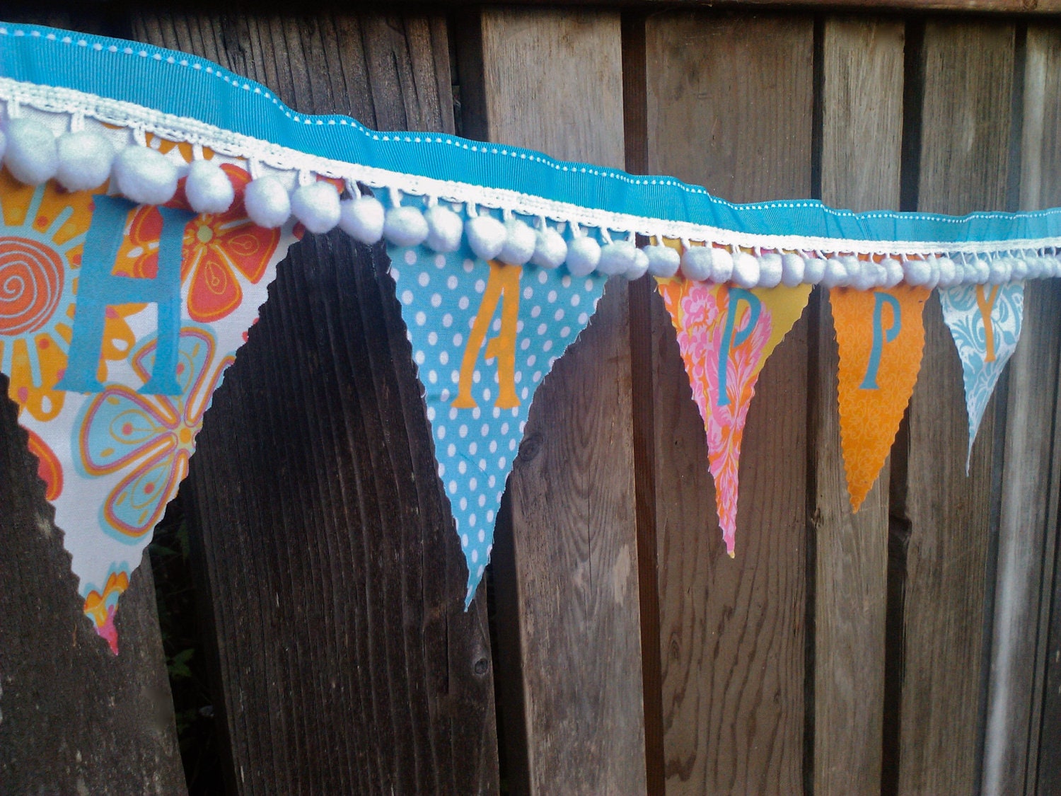 Birthday Bunting Banner Aqua and Orange and Yellow with pom pom trim Il_170x135