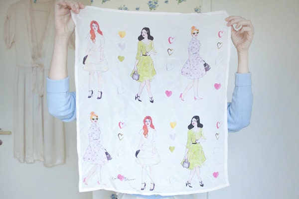 Sunday Stroll - Silk scarf printed with an original illustration by Caitlin Shearer