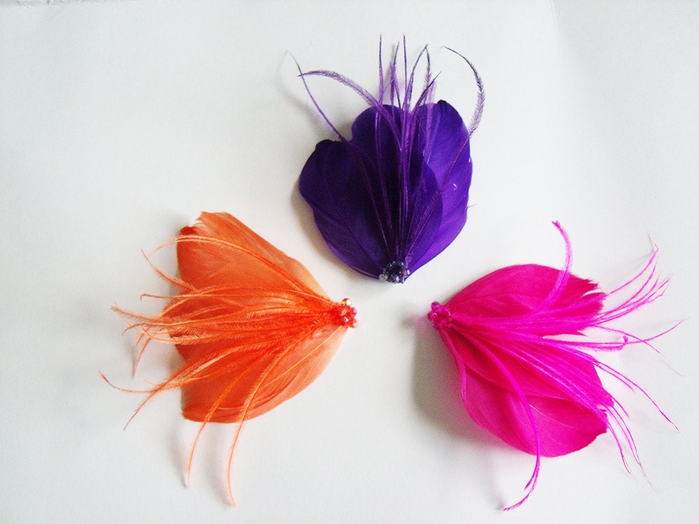 Small Bridal Tangerine, Plum Purple and Hot Pink Feather Fascinators With Ostrich And Crystal Accents