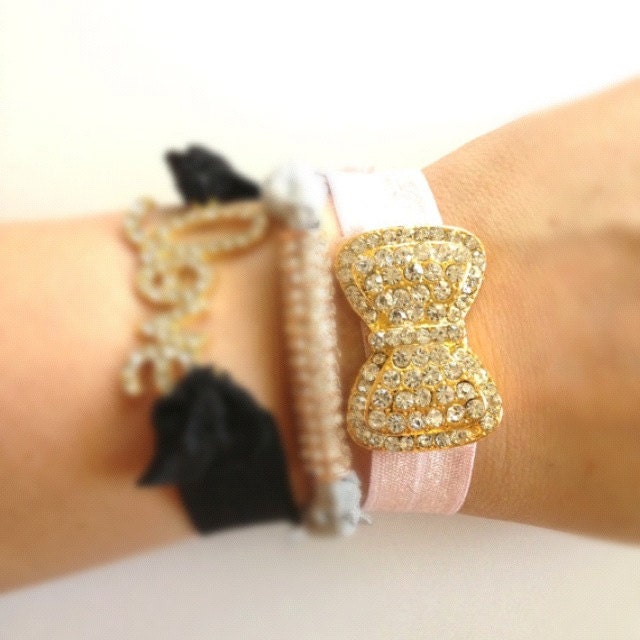 One Bling Hair Tie Bow Gold Silver Swarovski Crystal Pave Set Rhinestone Pony Holder Arm Candy DOLLAR SHIP in US Choose Elastic Stretch
