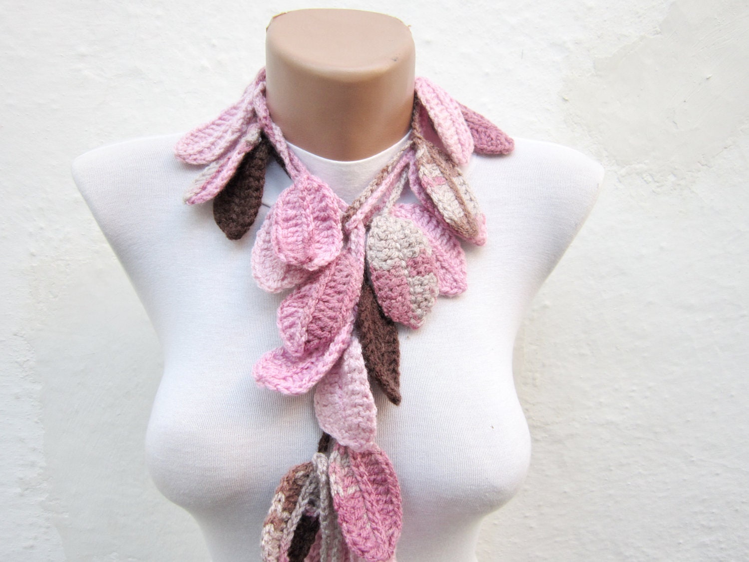 Handmade crochet Lariat  Scarf  Pink Brown  Colorful Variegated Long Necklace Scarf  winter fashion
