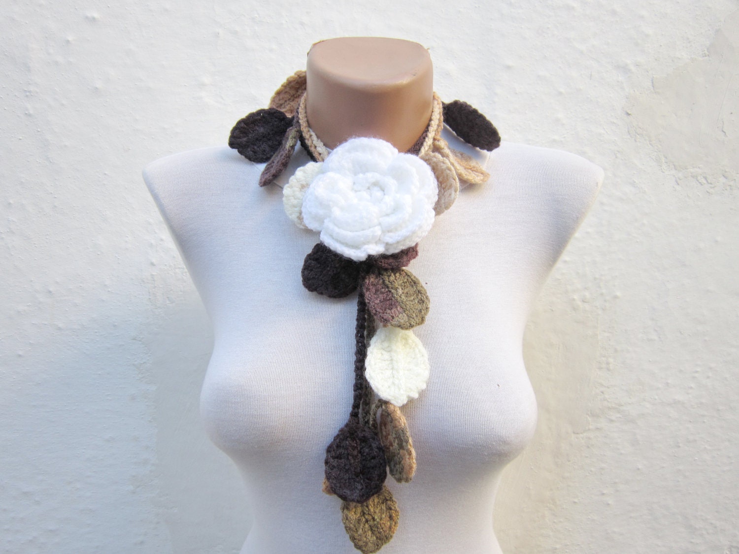 Removeable Brooch Pin Hand crochet Lariat Scarf  Brown cream  White  Flower Lariat Scarf Colorful Variegated Long Necklace  winter fashion