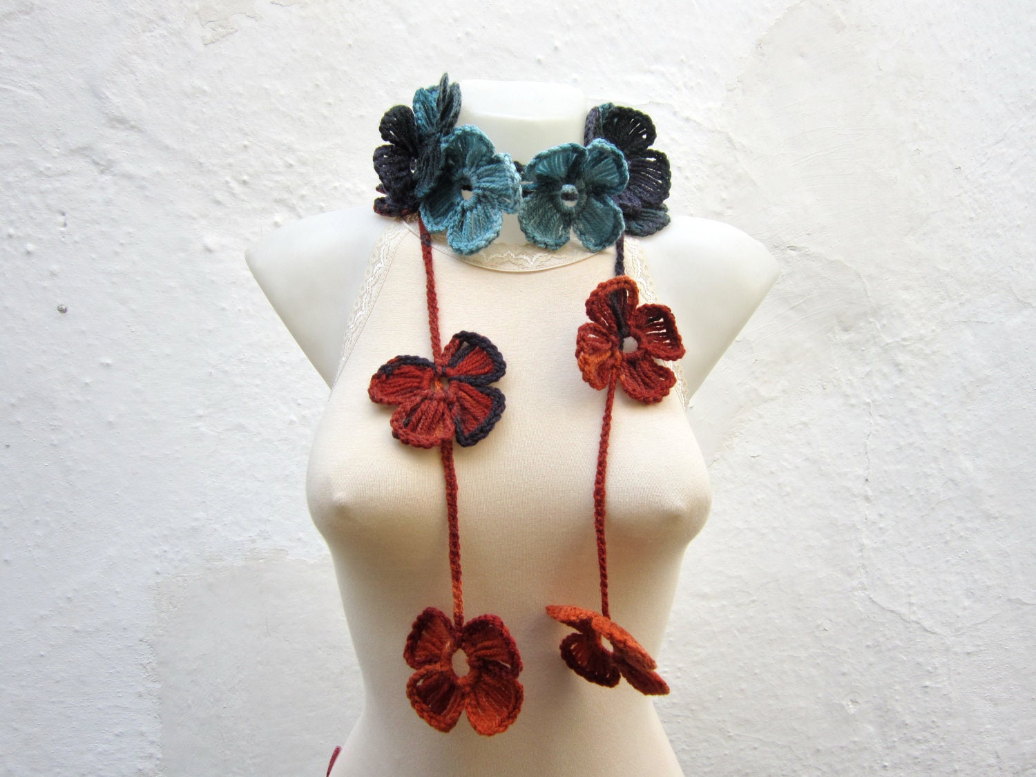 Handmade  crochet Lariat Scarf  Blue dark blue orange brown  Flower Lariat Scarf Colorful Variegated Long Necklace  winter fashion