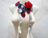 Removeable Brooch Pin Hand crochet Lariat Scarf  Grey White Burgundy  Red  Flower Lariat Scarf Colorful Variegated Long Necklace  winter