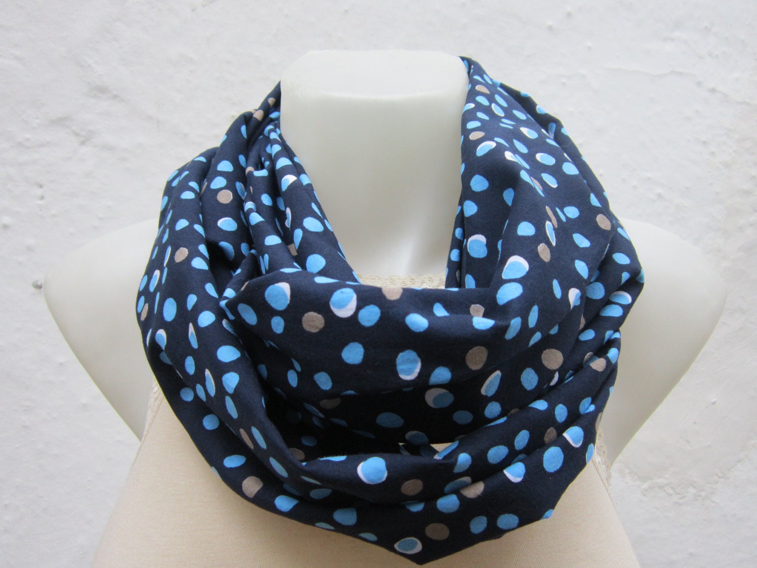 infinity scarf Loop scarf Neckwarmer Necklace scarf Fabric scarf  Polka Dot  Blue Dark blue  White