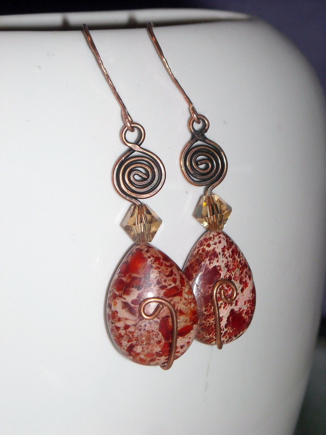 Orange Aqua Terra Jasper Copper Earrings - Orange Cream Soda - Impression Jasper Orange Fashion Earrings Earthy Wedding Graduation Earrings