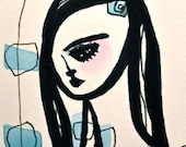 Skye Walking and Wearing the Mod Blues- Mixed Media- Original Watercolor and Ink- Black Sky Blue Minimal Simple