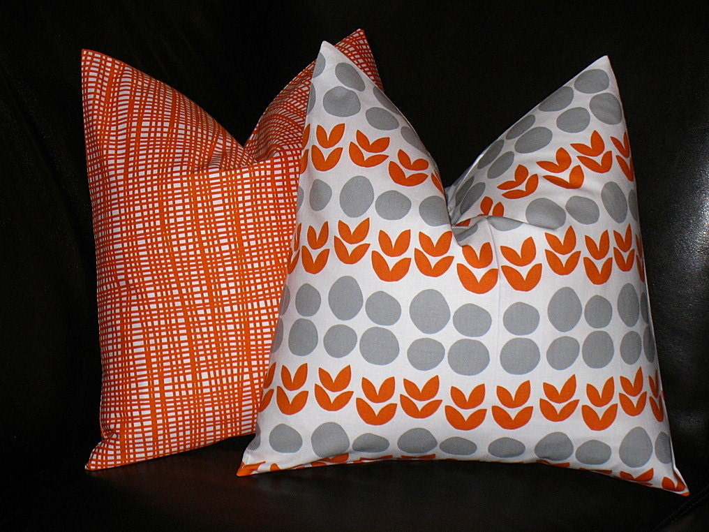 NEW Decorative Pillow Covers orange, gray on white 20 x 20 inches Lotta Jansdotter woven BELLA ball and leaves poppy 20"
