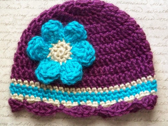 Free Gift-Crochet Baby Hat,Newborn Baby Hat, Infant Baby Hat,Baby Girl Hat, Plum-Turquoise, Gift, Photo Prop