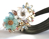 Pastel wedding bracelet - bridal rhinestone cuff - repurposed vintage collage bracelet - something old and something blue