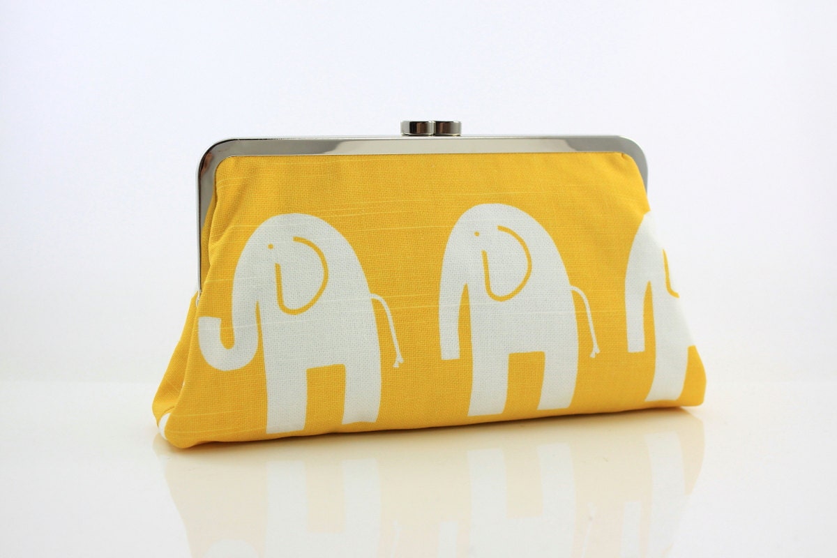 Cute Elephants (Yellow and White) - 8 inches Large Silver Frame Clutch - the Christine Clutch