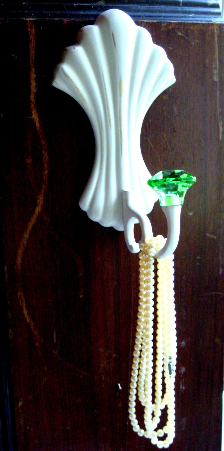 Jewelry Display Rack, accessory holder, painted brass with Glass cabinet knob, cottage chic creamy white chippy paint, 4.5 x 9 inches