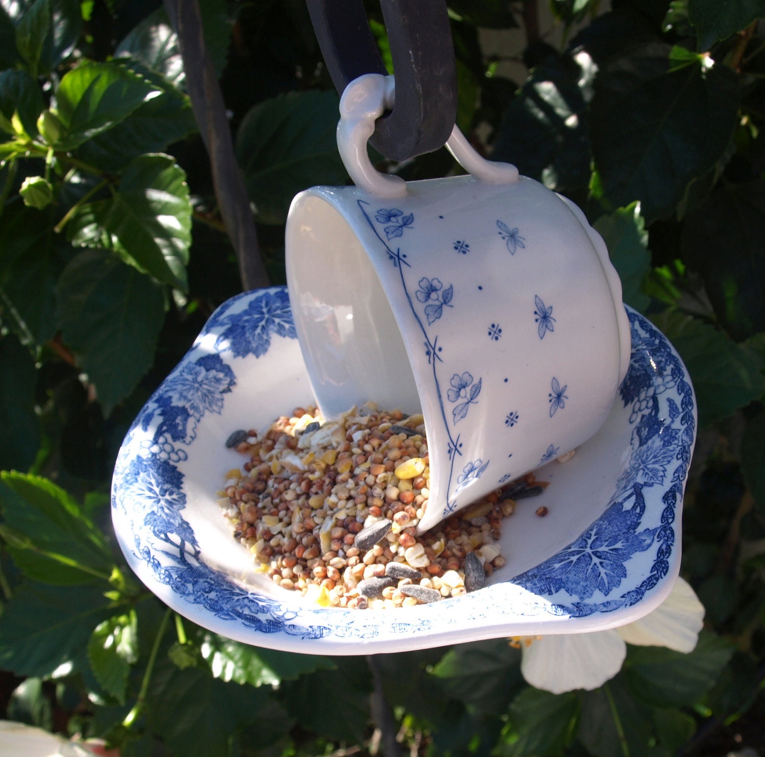 Teacup Bird Feeder punch cup vintage blue white floral china glass repurposed