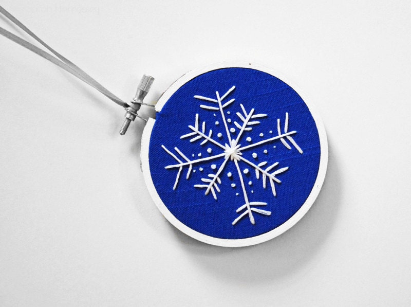 Royal Blue and White Snowflake Embroidery Hoop Ornament or Holiday Decoration For The Winter Months, 3" Hoop