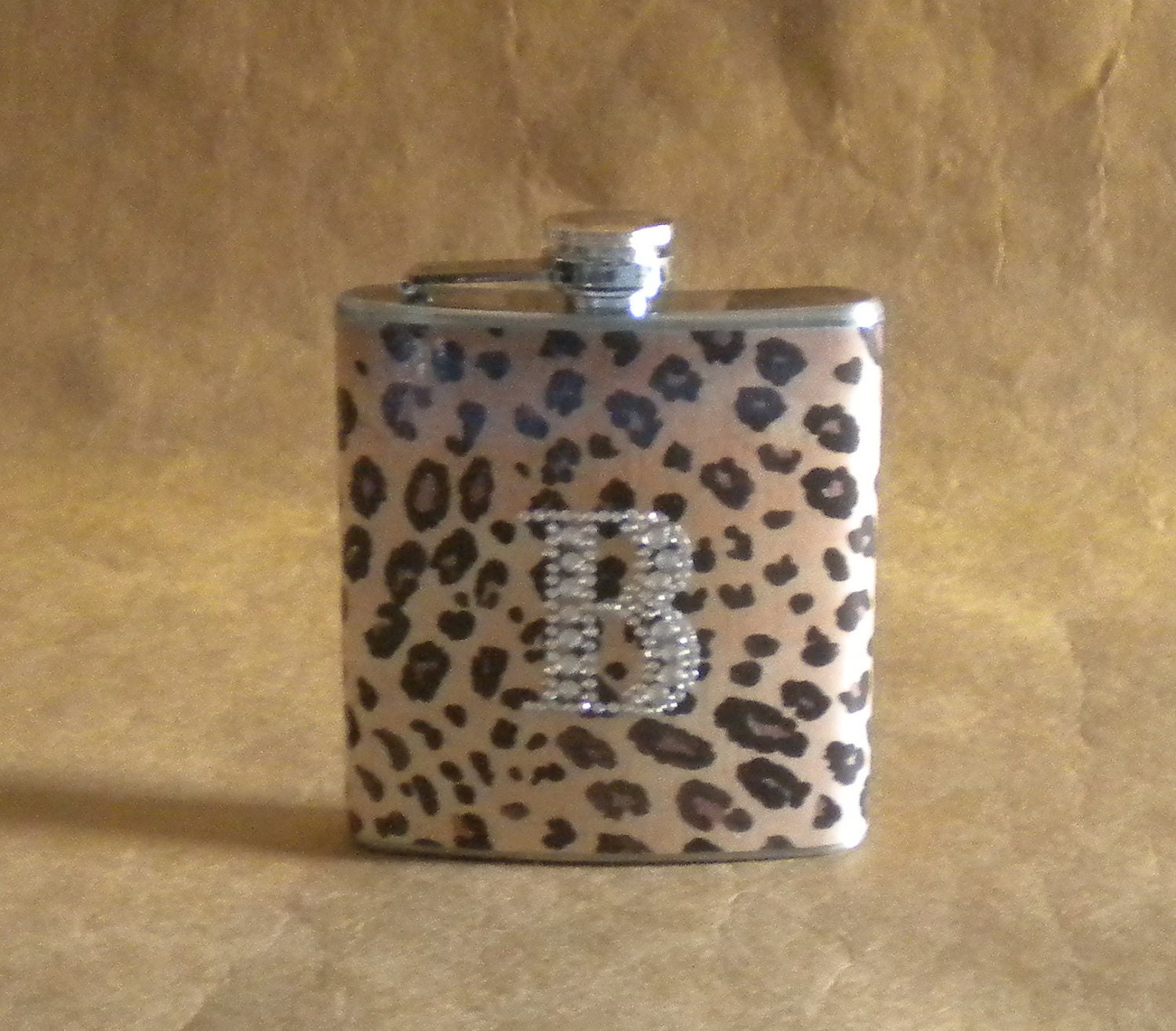 Leopard Print Flask With ANY Rhinestone Initial 6 ounce Gift Flask KR2D 6050