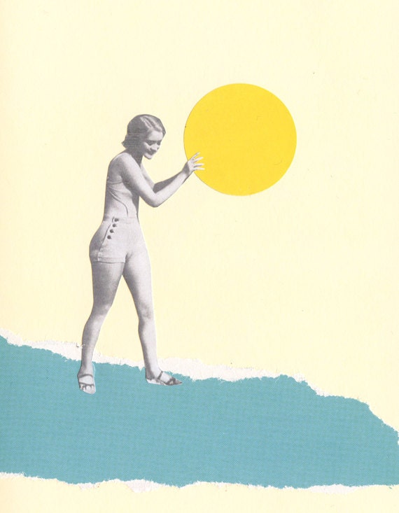 She Caught the Sun - Portrait art, mid century, surreal art, female figure, beach decor, seaside art 8x10 Giclee print