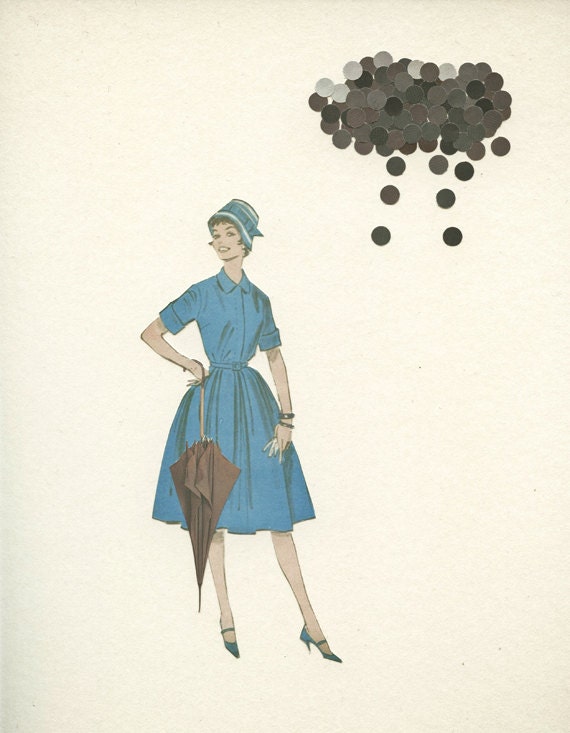 Looks Like Rain - Whimsical art, vintage style, wall art, indigo, grey, gift for her 8x10 Giclee print