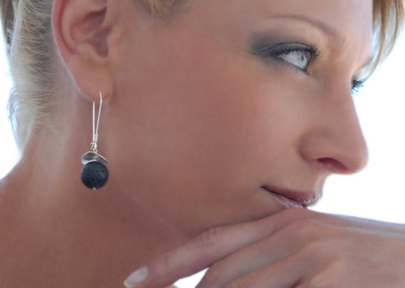Black Lava Rock Earring, Sterling Silver Long Earring, Volcanic Black Jewelry, Santorini Jewelry, Everyday Black Jewelry, Spring 2013