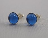Simple Modern Light Sapphire Blue Glass Stud Earrings, Sterling Silver and Vintage Glass Domed Cab