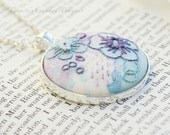 Hand Embroidered floral pendant,necklace, purple,blue,OOAK,hand painted,fabric
