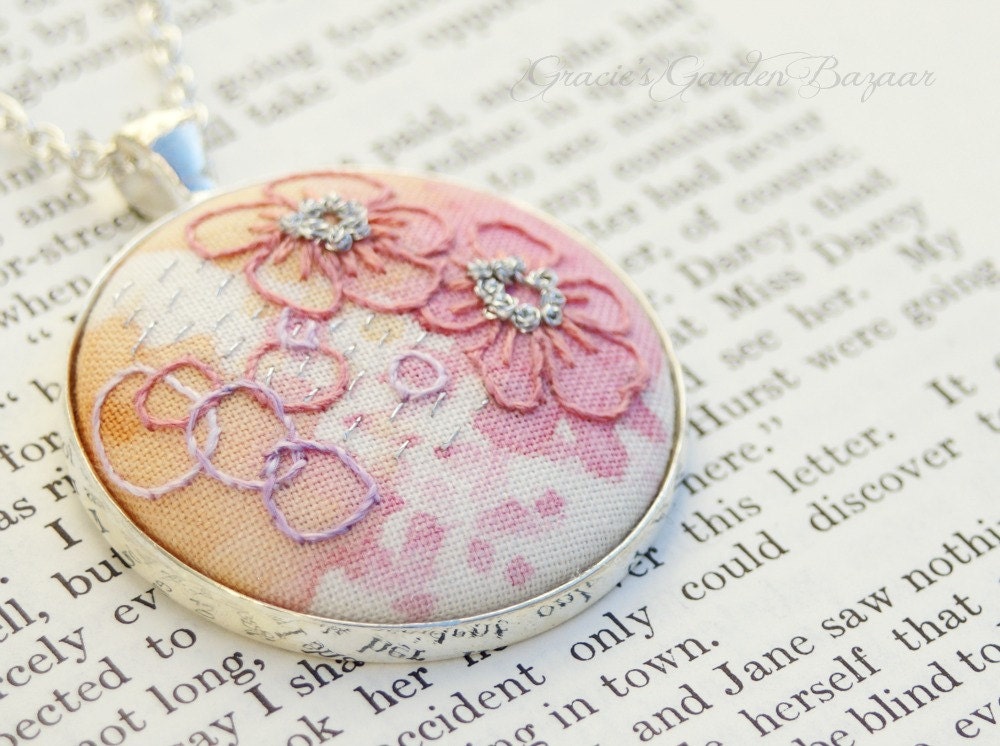 Hand Embroidered pendant,floral necklace,pink,wearable art,OOAK,hand painted,romantic