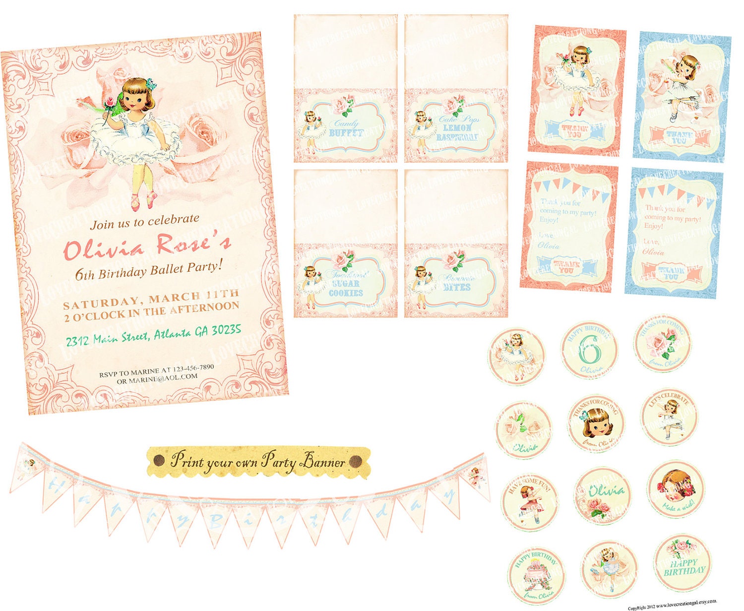 Digital PRINTABLE Vintage Birthday Ballerina Dancer Rose Tea Party Ballet Girl Princess Banner Nursery Invitation Label Card Tag PP11