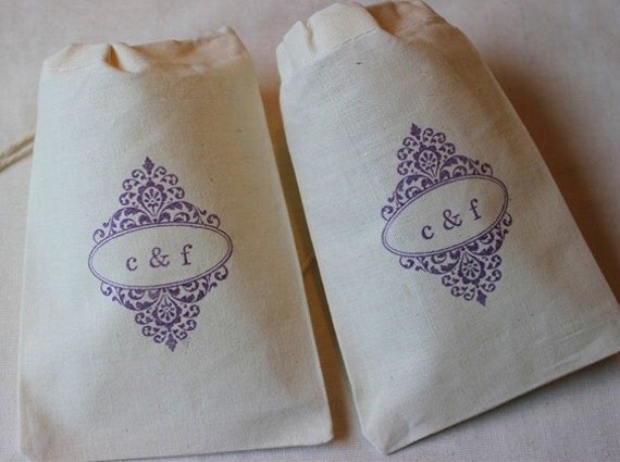 10 Wedding Favor Bags - Personalized Organic Muslin Cotton - Decorative frame with Initials 4x6 Great for Weddings Il_570xn