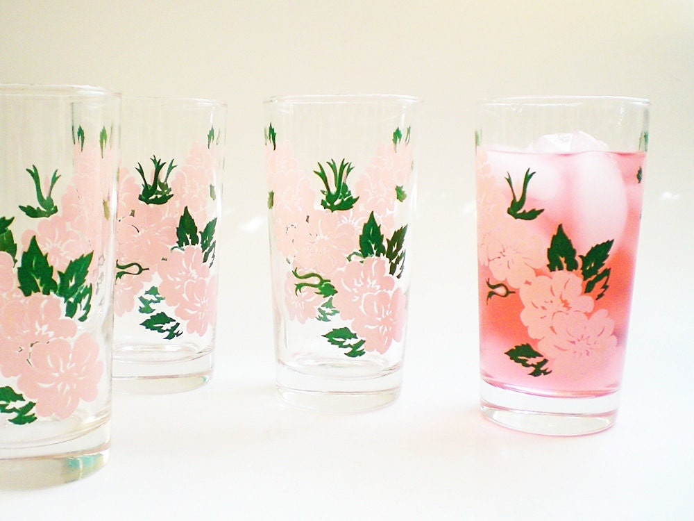Tall Drinking Glass Set Vintage Tumblers Pink Summer Floral Design