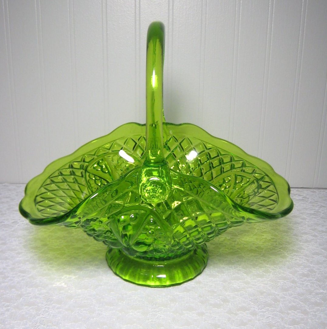 Vintage Glass Fruit Motif Beautiful Green Basket By Cozyattic