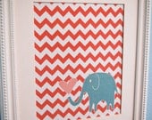 8x10 nursery print: coral chevron and turquoise elephant with heart