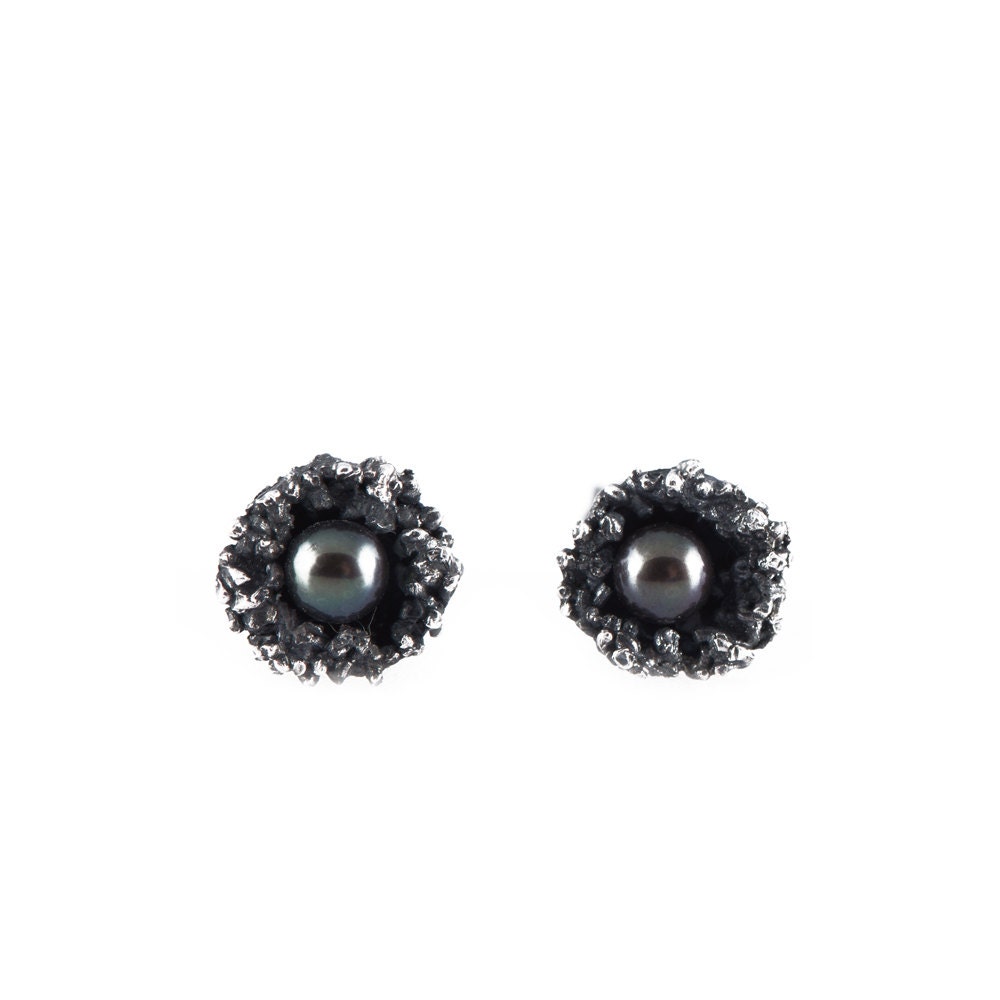 Dark Silver Encrusted Pearl Earrings