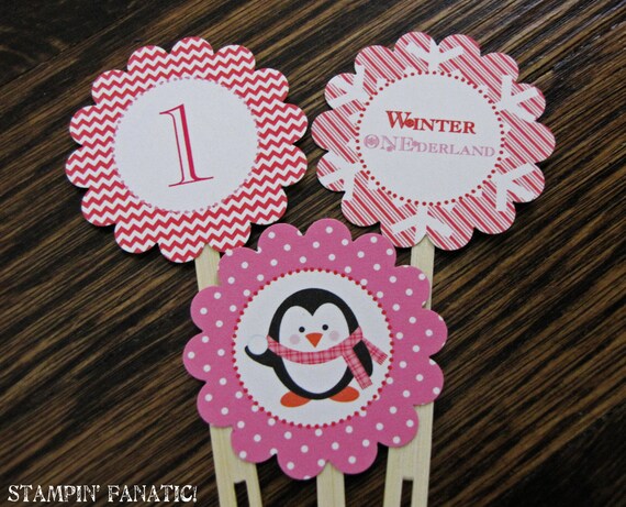 Winter ONEderland Collection: Set of 12 Cupcake Toppers. Winter. First Birthday. Penguins. Snowflakes. Candy Cane. Il_570xn