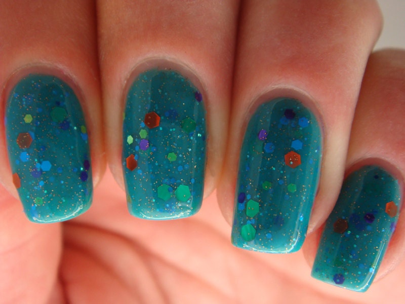 Nail polish - "Majestic Flight" blue, green purple glitter in a teal green base - 13ml bottle
