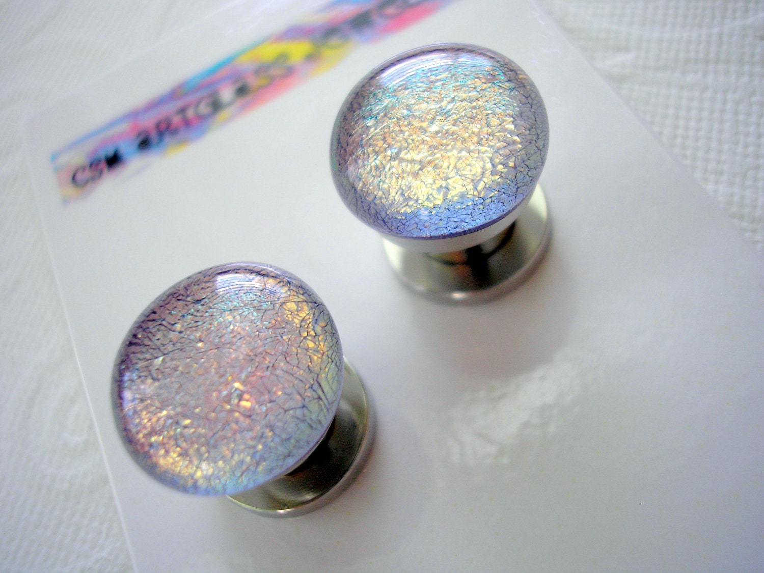 SALE - 00g Ear Tunnels - Glass Opals Mauve Purple - Dichroic Glass Cabs - 10mm Ear Plugs