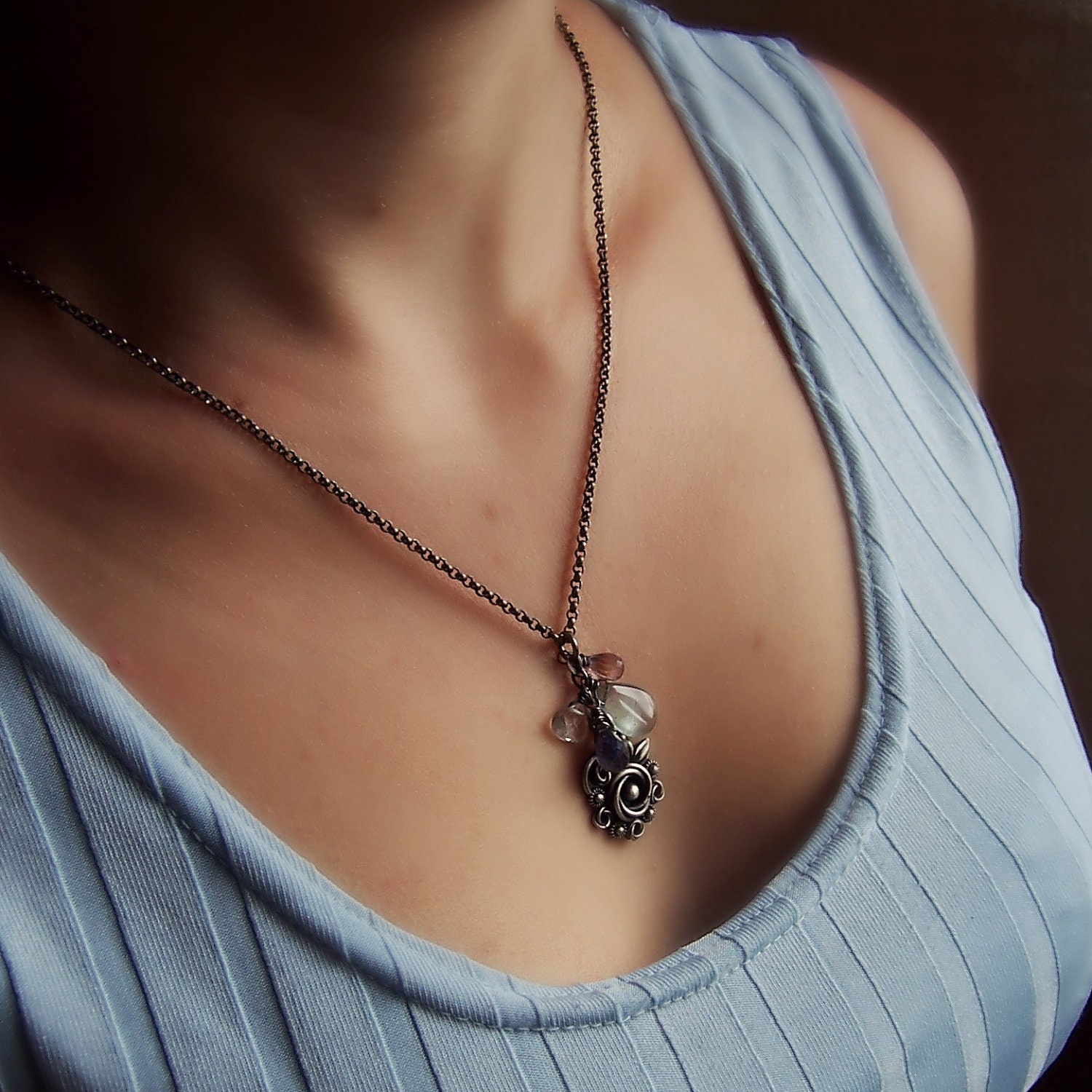 Silver gemstone necklace, bridal, romantic necklace, filigree flower necklace, metalsmith, aquamarine, amethyst , iolite