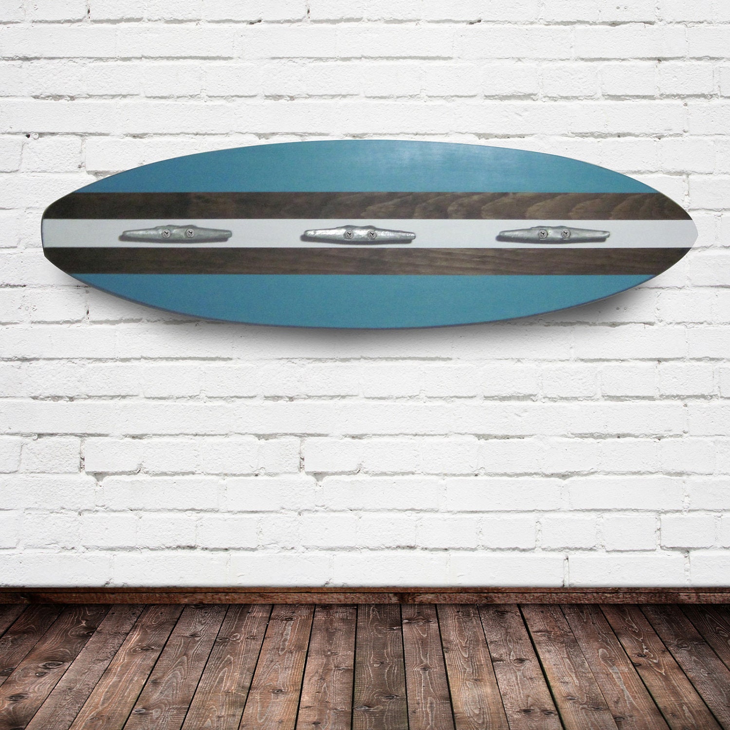 Turquoise Wood Surfboard Coat Rack with Three Boat Cleats 3 Feet Long