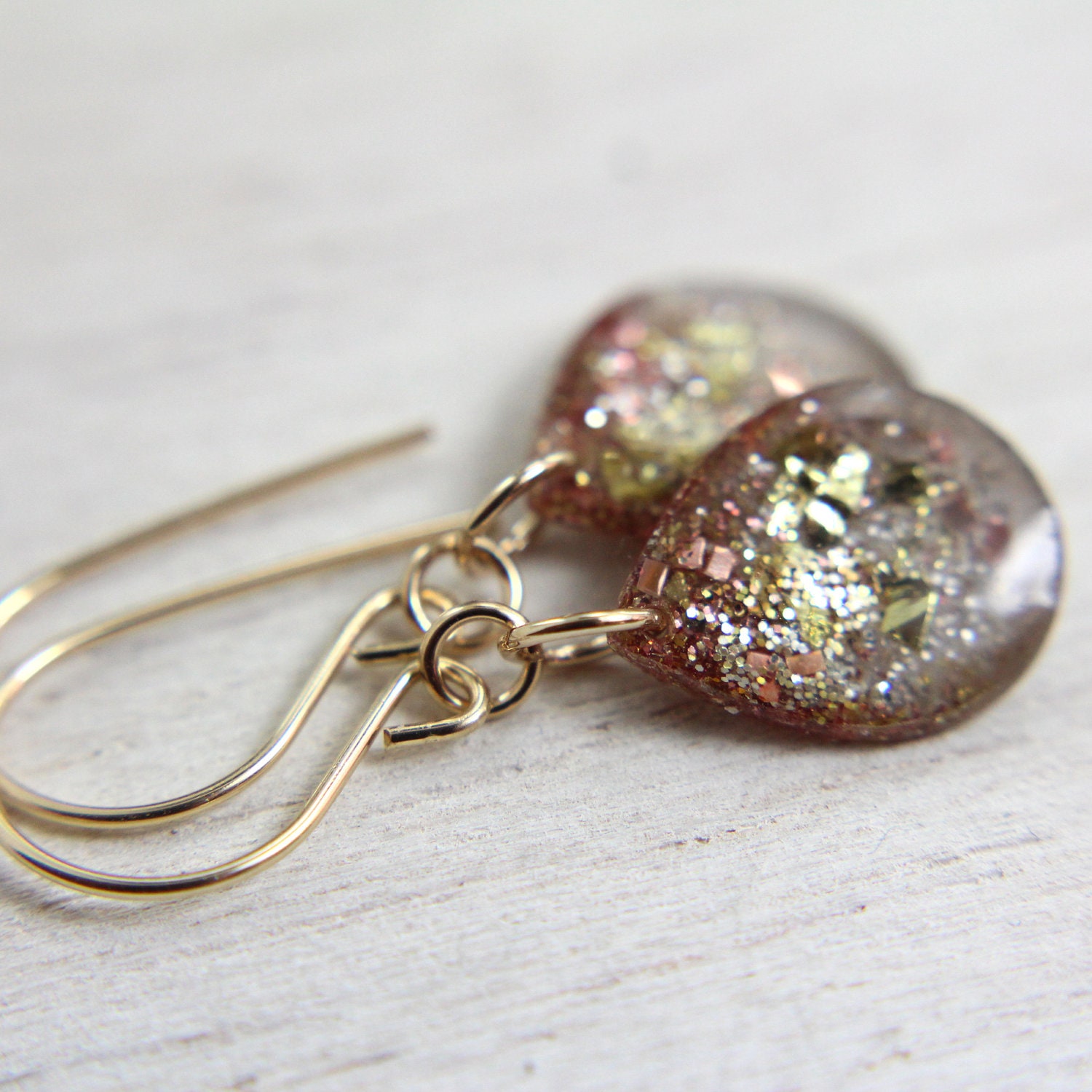 grey teardrop earrings with rose gold and gold glitter on gold earwires - silver and gold drop earrings - tinygalaxies