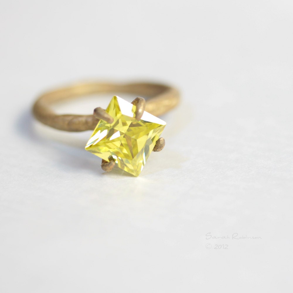 Brass Prong Ring with Yellow Zirconia Organic Modern Look T11