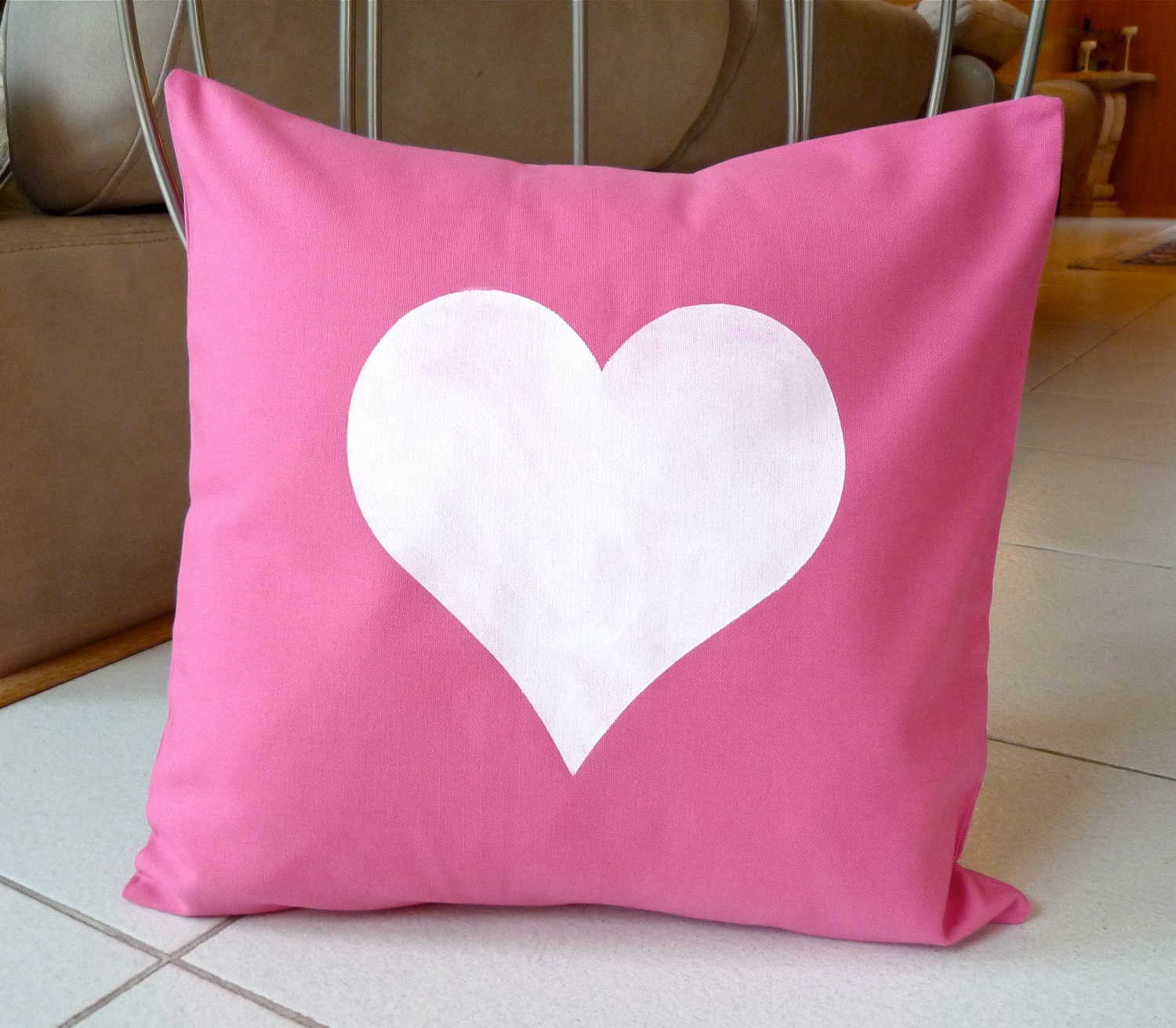 Big White Heart Pillow Case -  Hand Painted on Pink Cotton Canvas Pillow Cover - 16x16 Pillow Cover