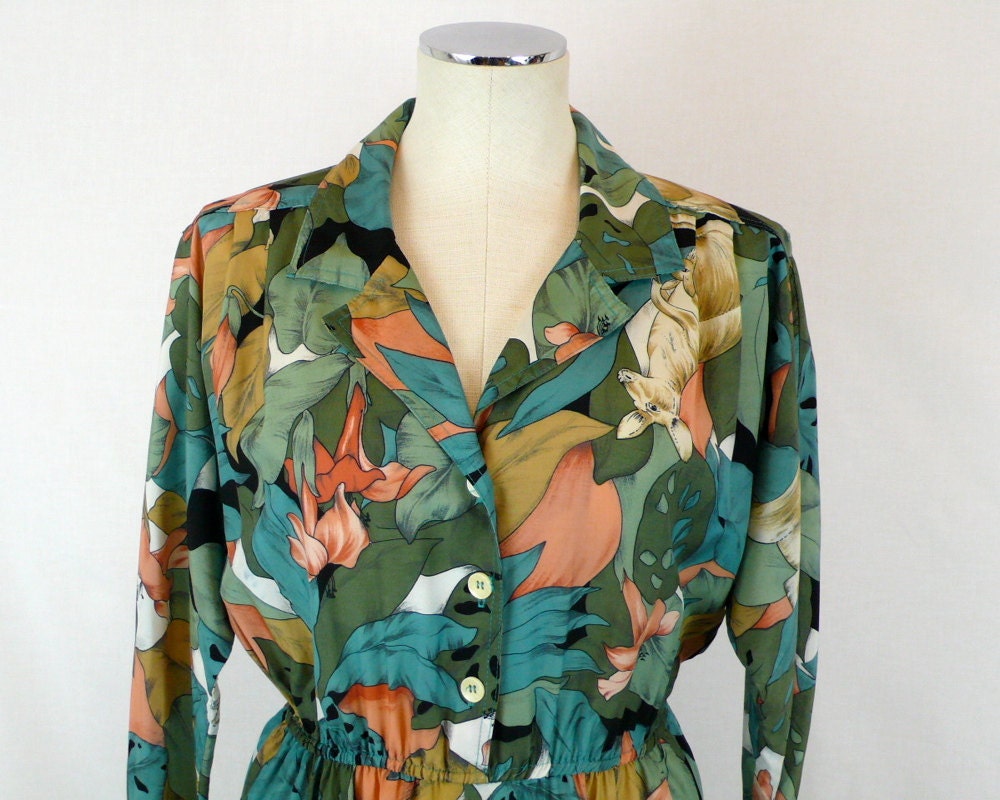 1980s Kangaroo Print Dress - Novelty & Floral - medium