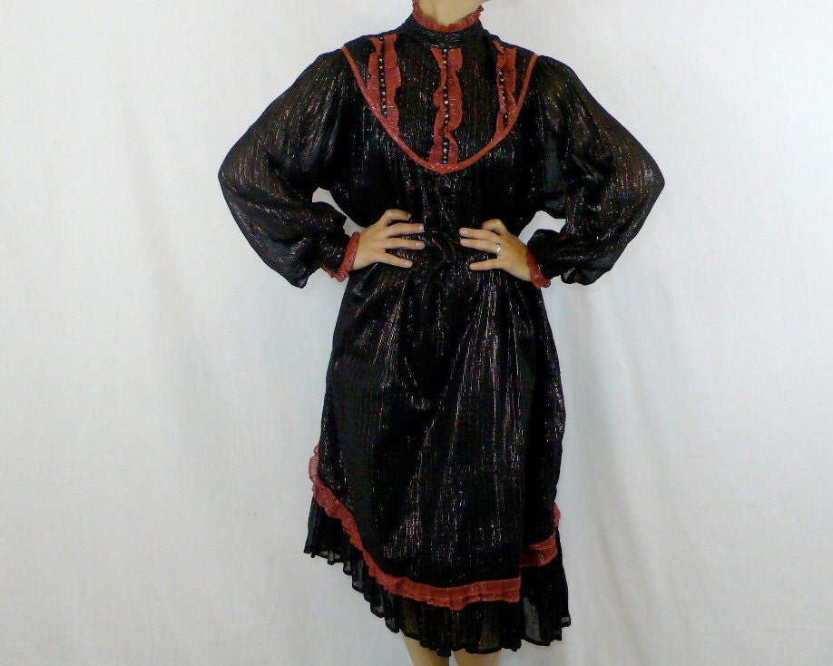 1970s Black Gauze with Rainbow Lurex Dress - Vintage Tent Dress - small to medium