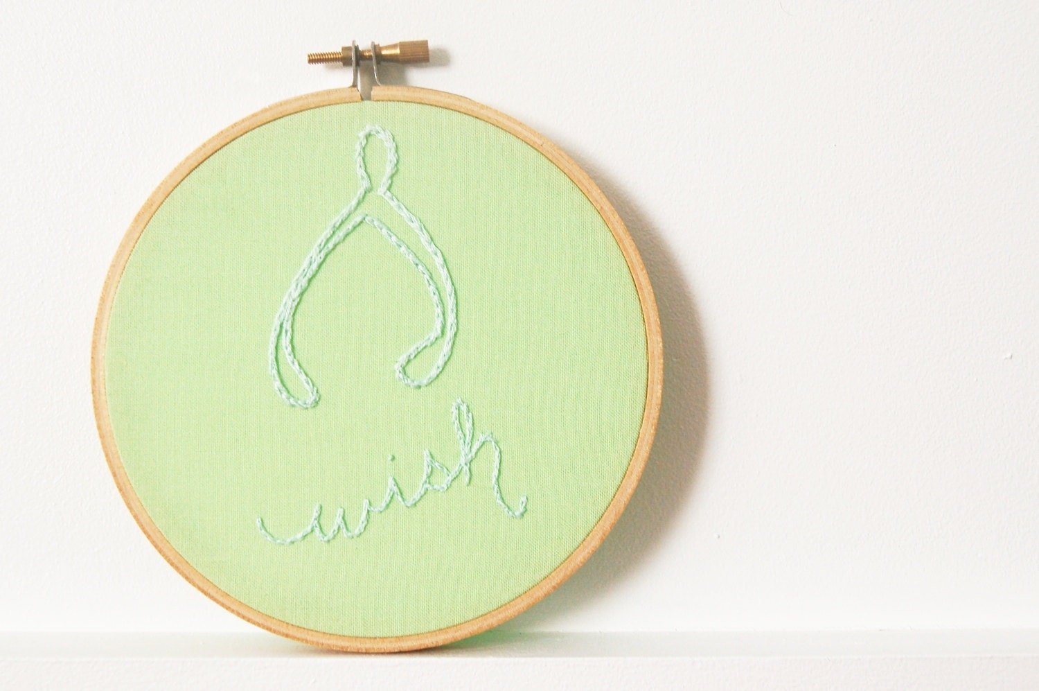 Embroidery Hoop Wall Art. Wish and Wishbone. Green Mint Pastel. Hand Stitched. 5 inch Hoop. Handmade by merriweathercouncil on Etsy