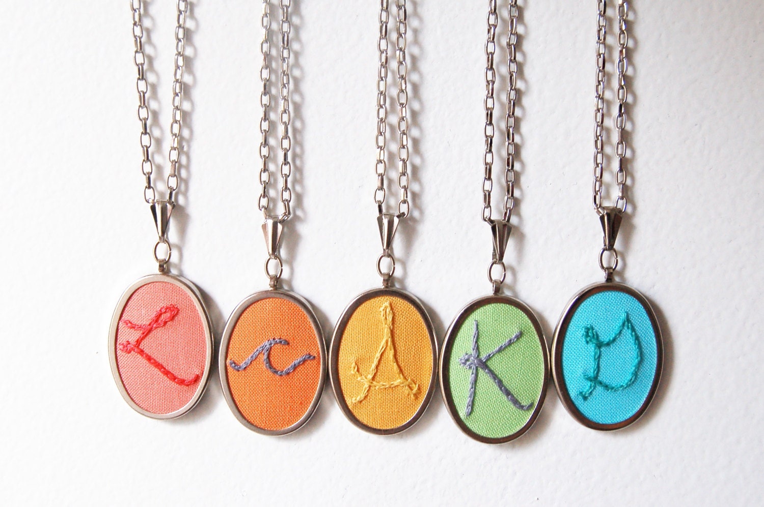 Custom Necklace. Embroidered Initial Jewelry, Personalized Bridesmaids under 50. Handmade by merriweather council on etsy.