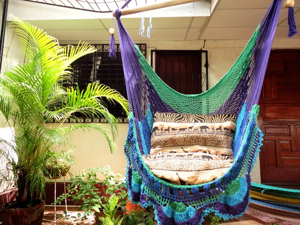 Green Purple Turquoise Blue Hanging Chair Natural Cotton and Wood plus Simple Fringe