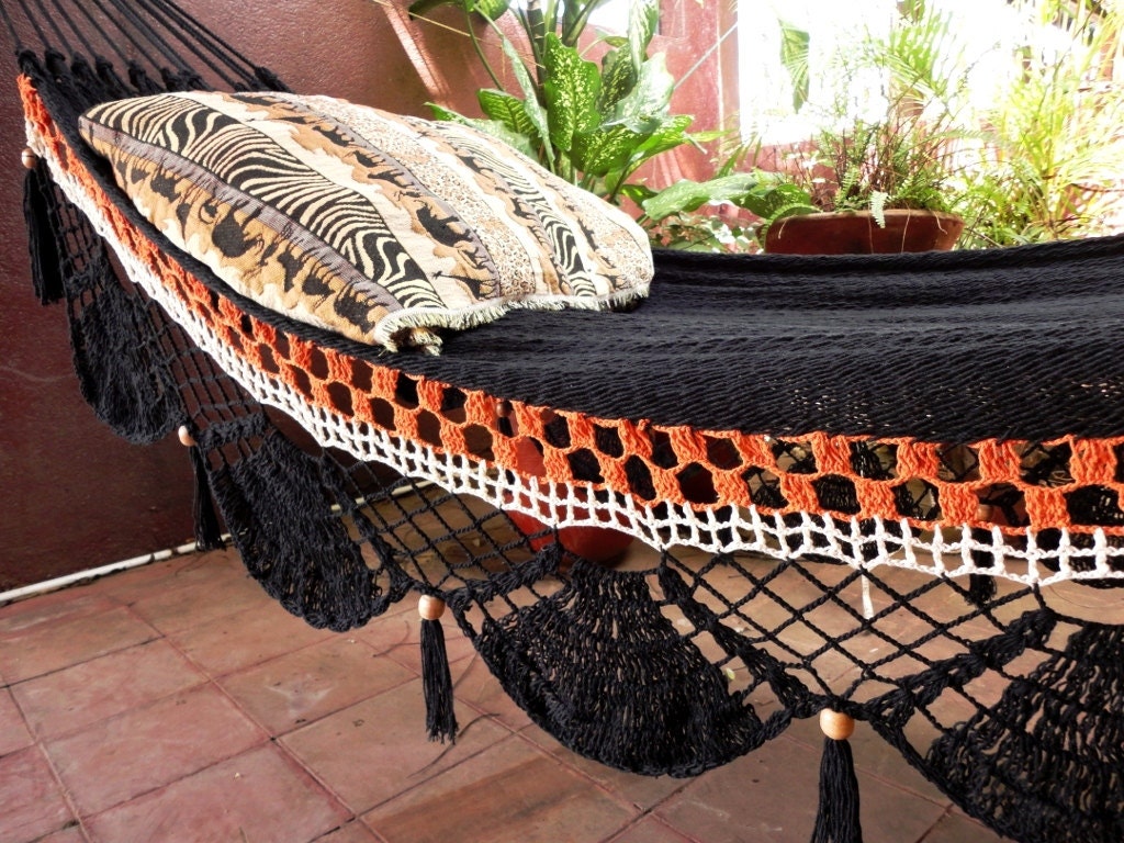 Black two lines Hammock, Hand Woven Natural Cotton with Special Fringe